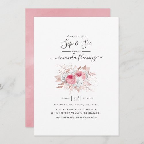 Pink and Rose Gold Floral Sip and See Invitation