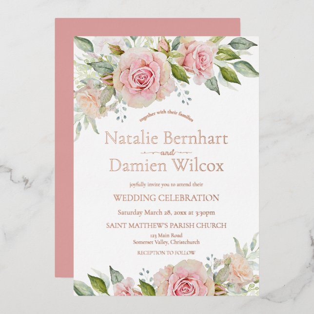 Pink and Rose Gold Floral Wedding Foil Invitation (Front/Back)
