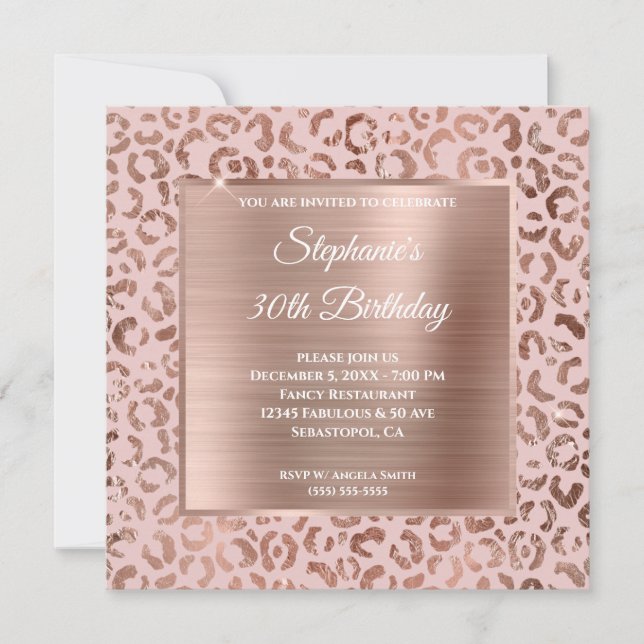 Pink and Rose Gold Foil Leopard Glam 30th Birthday Invitation (Front)