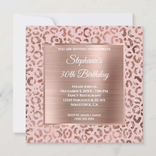 Pink and Rose Gold Foil Leopard Glam 30th Birthday Invitation