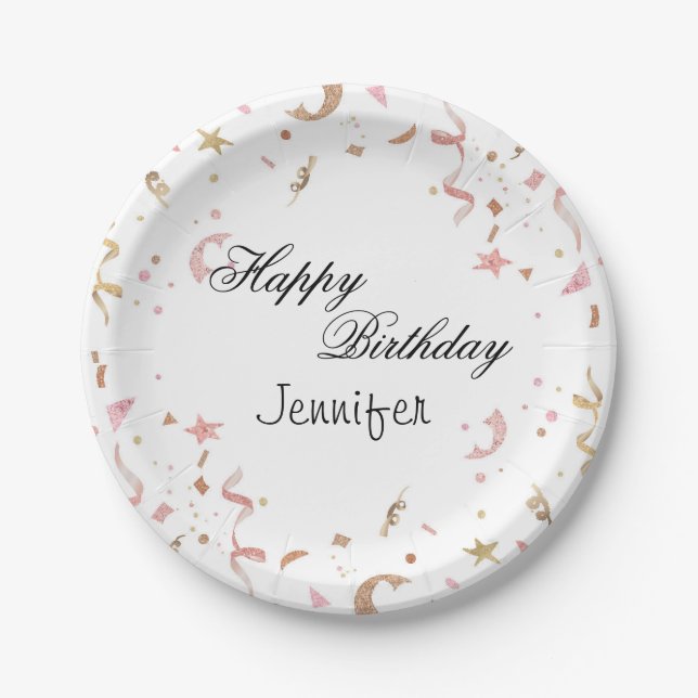 Pink and Rose Gold Glitter Confetti Paper Plates (Front)