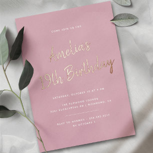Pink and Rose Gold Modern Any Age Birthday Foil Invitation