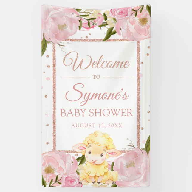 Pink and Rose Gold Sheep Custom Baby Shower Banner (Vertical)