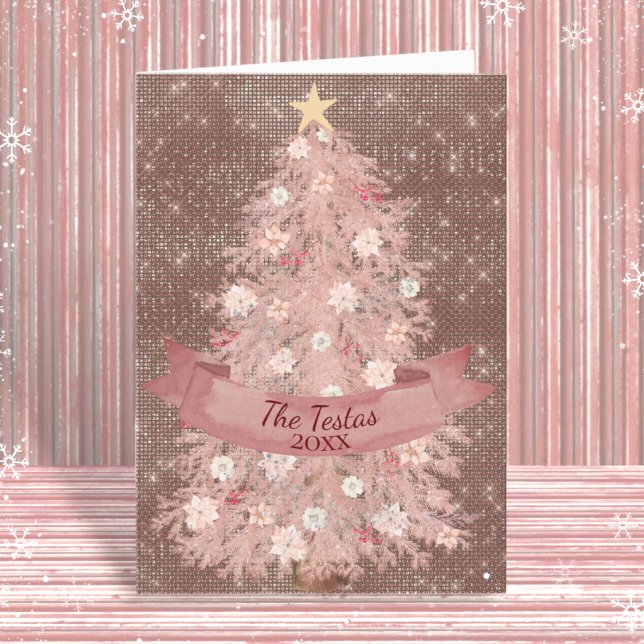 Pink and Rose Gold Watercolor Christmas Tree Holiday Card