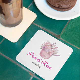 Pink and Roses Catering Business Brand Square Paper Coaster