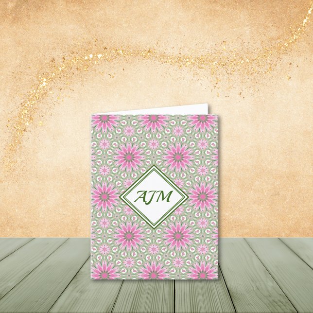 Pink and Sage Abstract Flowers Note Cards (Personalize to add your initials. Customize to remove optional monogram frame.)