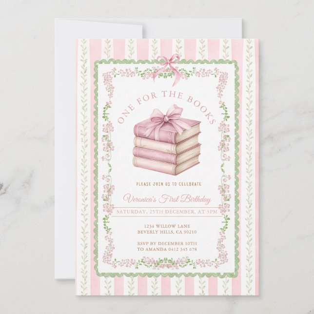 Pink and Sage Books First Birthday Invitation (Front)