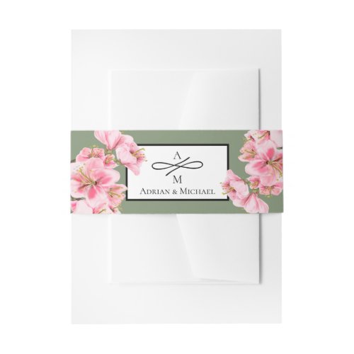 Pink and sage cherry blossom invitation belly band