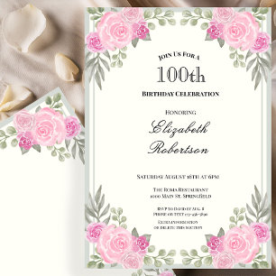 Pink and Sage Green Floral 100th Birthday Invitation