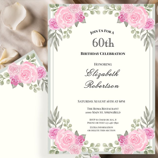 Pink and Sage Green Floral 60th Birthday Invitation (Creator Uploaded)