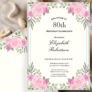 Pink and Sage Green Floral 80th Birthday Invitation