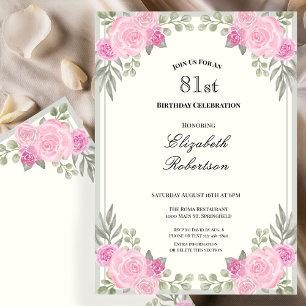 Pink and Sage Green Floral 81st Birthday Invitation