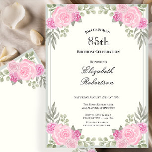 Pink and Sage Green Floral 85th Birthday Invitation