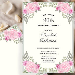 Pink and Sage Green Floral 90th Birthday Invitation