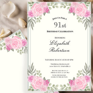 Pink and Sage Green Floral 91st Birthday Invitation
