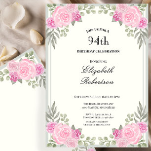 Pink and Sage Green Floral 94th Birthday Invitation