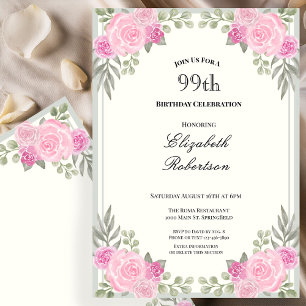 Pink and Sage Green Floral 99th Birthday Invitation