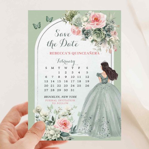 Pink and Sage Green Quince Calendar Save the Date Invitation