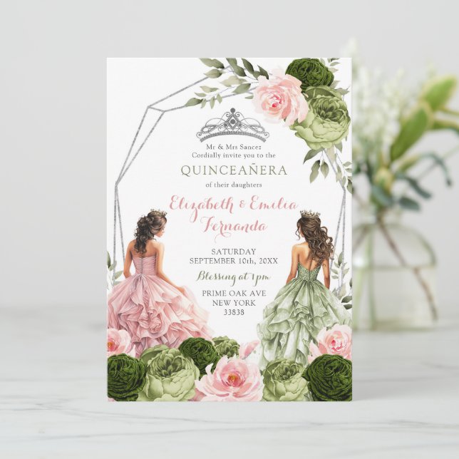 Pink and Sage Green Twins Geometric Quinceaera Invitation | Zazzle