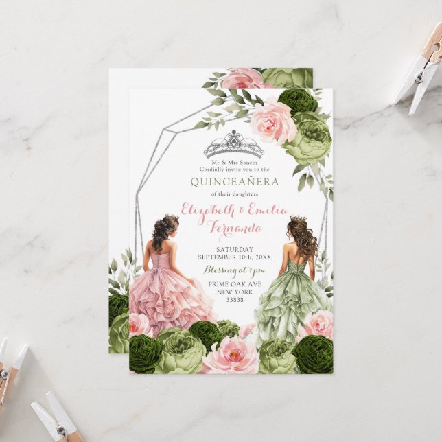 Pink and Sage Green Twins Geometric Quinceaera Invitation | Zazzle Pink and Sage Green Twins Geometric Quinceaera Invitation | Zazzle