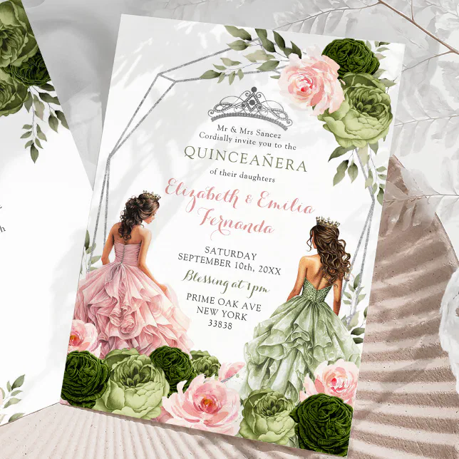Pink and Sage Green Twins Geometric Quinceaera Invitation | Zazzle