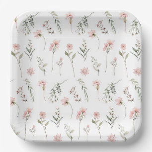 Pink and sage green watercolor wildflower party paper plates
