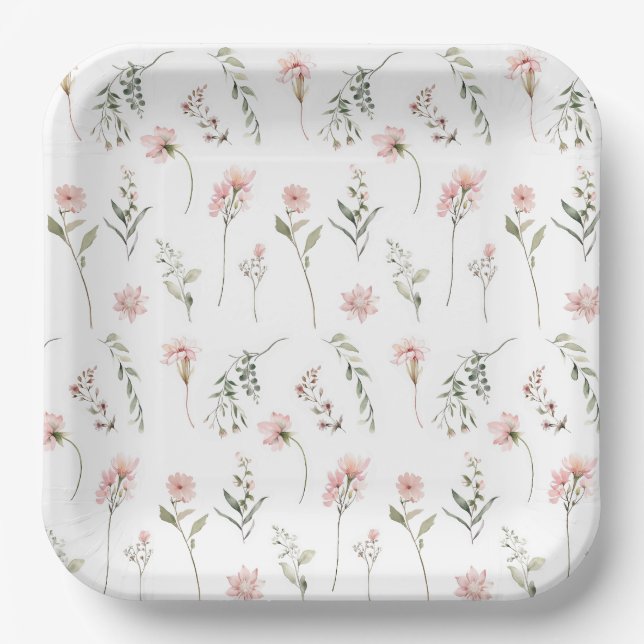 Pink and sage green watercolor wildflower party paper plates (Front)