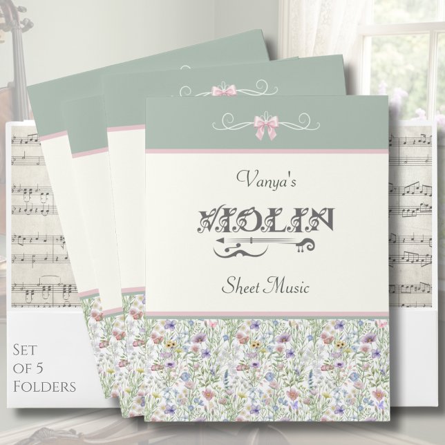 Pink and Sage Wildflower Violin Sheet Music Folder (Personalized Violin Sheet Music Folder | Enchanted Meadow Pink Floral Aesthetic | Custom Gift)