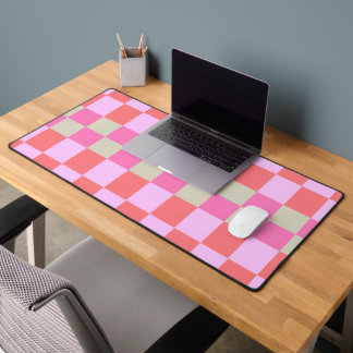 Pink and Sand Beige Retro Checkerboard Pattern Desk Mat