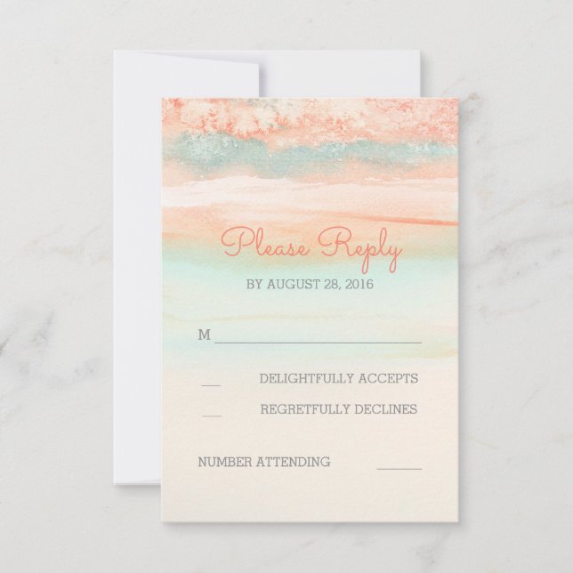 Pink and Sea Blue Watercolor Wedding RSVP Card (Front)