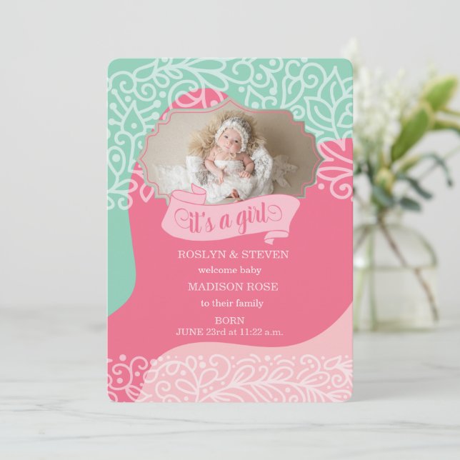 Pink and Sea Green It's a Girl Birth Announcement (Standing Front)
