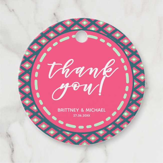 Pink and Sea Green Tribal Ikat Pattern Thank You Favor Tags