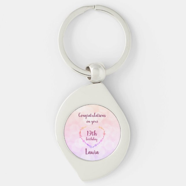 Pink and Silver 19th Birthday Personalised Keychain (Front)