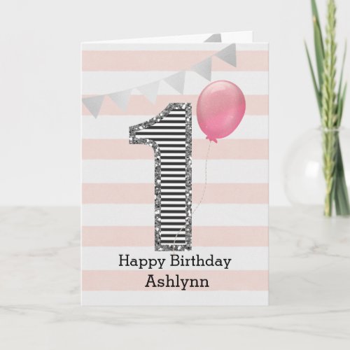 Pink and Silver 1st Birthday Girl Card