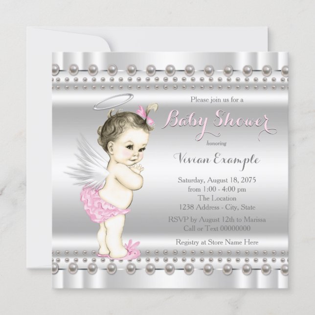 Pink and Silver Angel Baby Shower Invitation (Front)