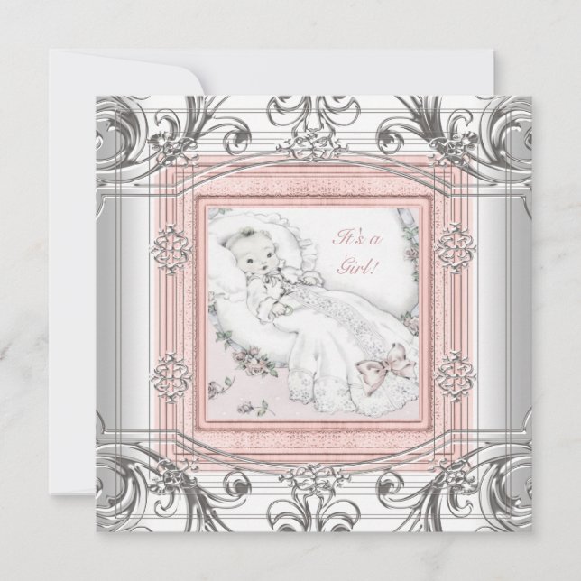 Pink and Silver Baby Girl Shower Invitation (Front)