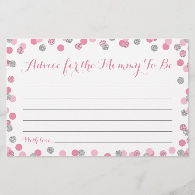 Pink and Silver Baby Shower Advice for Mom Cards (Front)