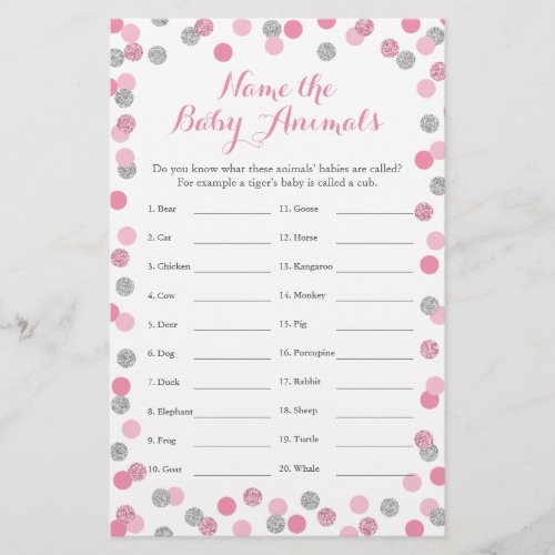 Pink and Silver Baby Shower Baby Animal Name Game