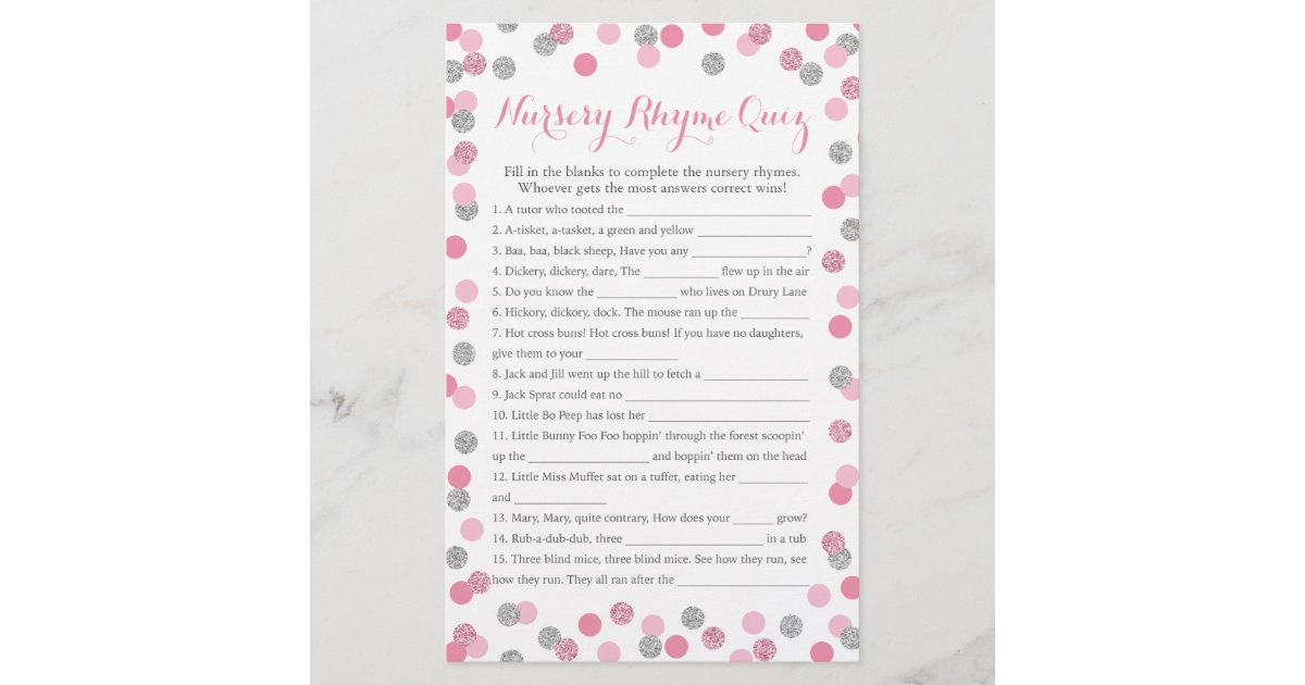 Pink And Silver Baby Shower Nursery Rhyme Quiz Zazzle Com