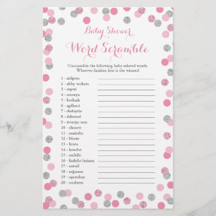 Pink and Silver Baby Shower Word Scramble Game Flyer