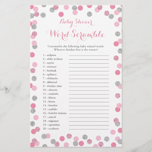 Pink and Silver Baby Shower Word Scramble Game Flyer (Front)