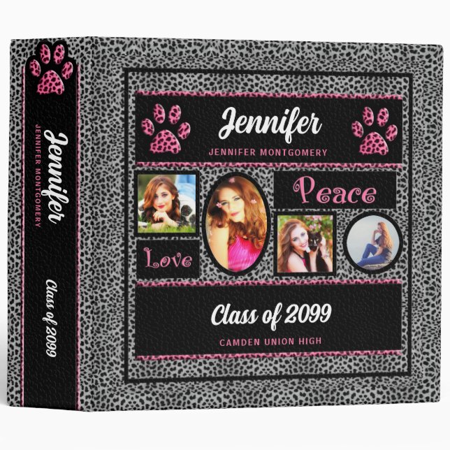 Pink and Silver Cheetah Print Photo Paw School Binder (Front/Spine)