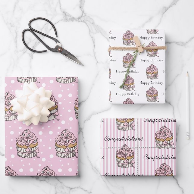 Pink and Silver Cupcakes  Wrapping Paper Sheets (Front)
