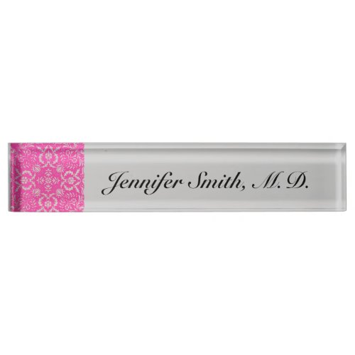 Pink and Silver Damask Customizable Nameplate