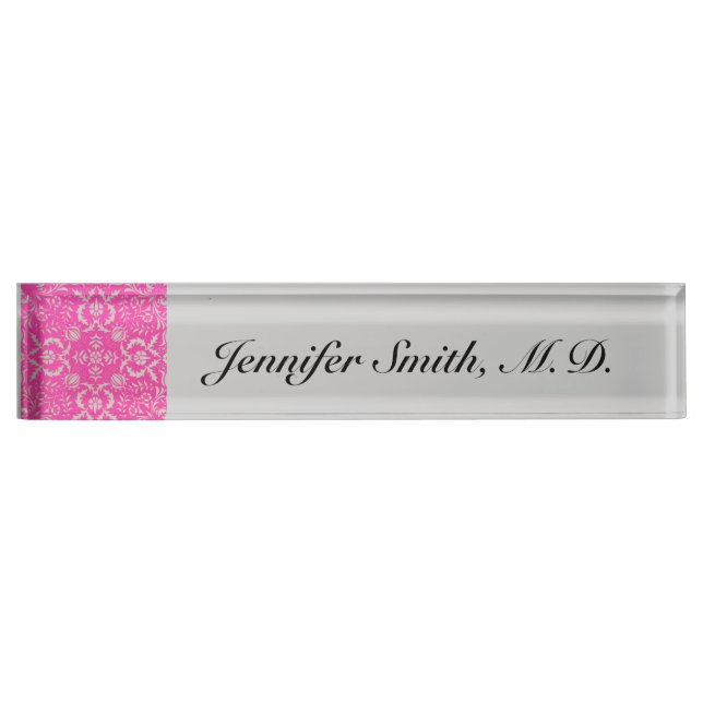 Pink and Silver Damask Customizable Nameplate (Front)