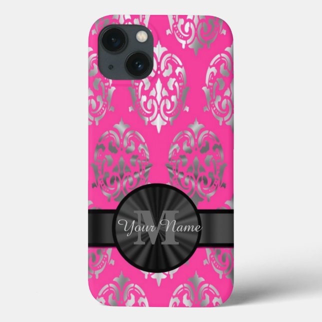 Pink and silver damask personalized monogram Case-Mate iPhone case (Back)