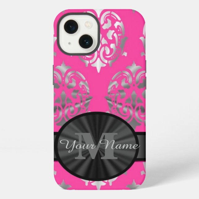 Pink and silver damask personalized monogram iphone case (Back)