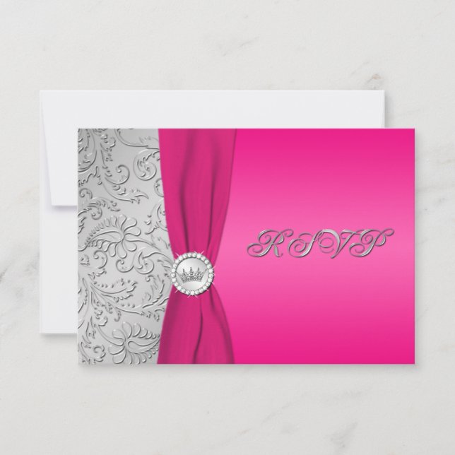 Pink and Silver Damask Quinceanera RSVP Card (Front)