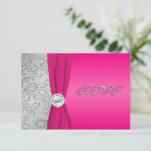 Pink and Silver Damask Quinceanera RSVP Card (Standing Front)