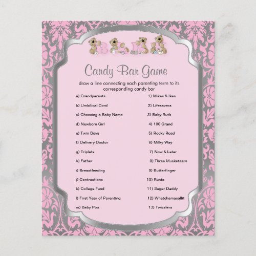 Pink and Silver Damask Teddy Bears _ Candy Game Flyer